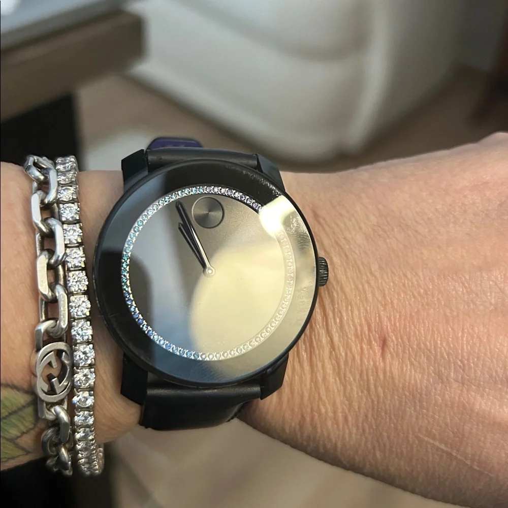 Movado Black Minimalist Dial Watch with Rainbow Crystal Accent